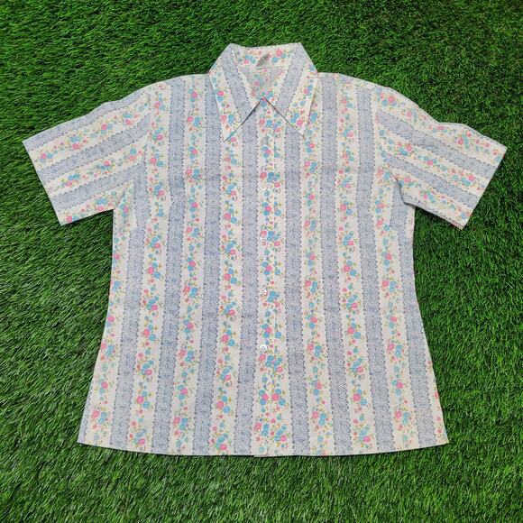 Vintage 70s Dagger Collar Floral Blouse Womens Medium Cottagecore Disco - Picture 1 of 10